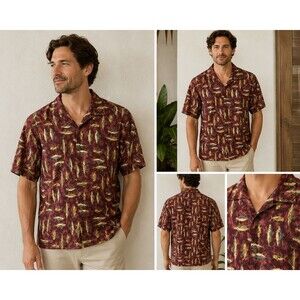 Joe Kealoha's Men's Hawaiian Fish Print Aloha Shirt Size M Burgundy Tropical